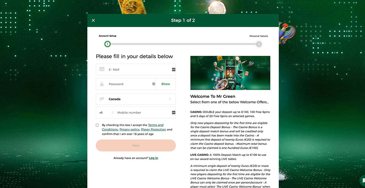 Create an account at mr green
