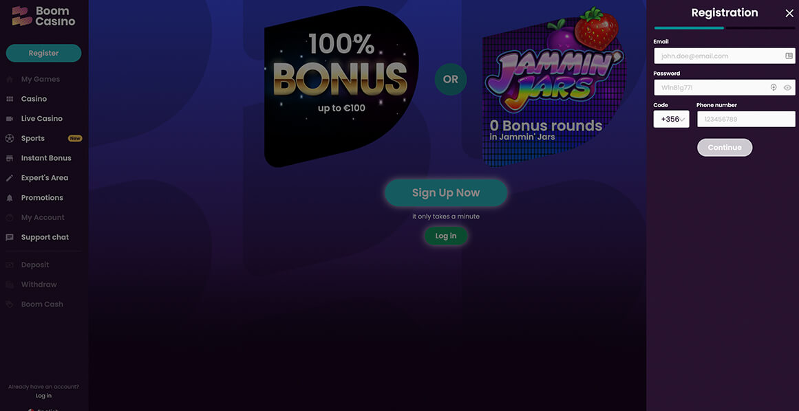 Sign up Process at Boom Casino
