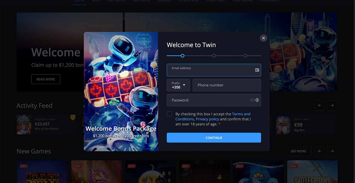 Create an account at TwinCasino