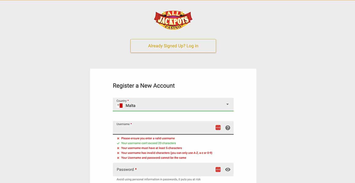 Sign up at All Jackpots Casino